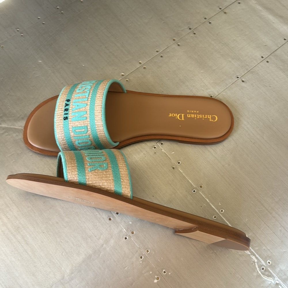 Christian Dior dway slide sandal flat aquamarine logo canvas leather sz 38.5 - Picture 3 of 9